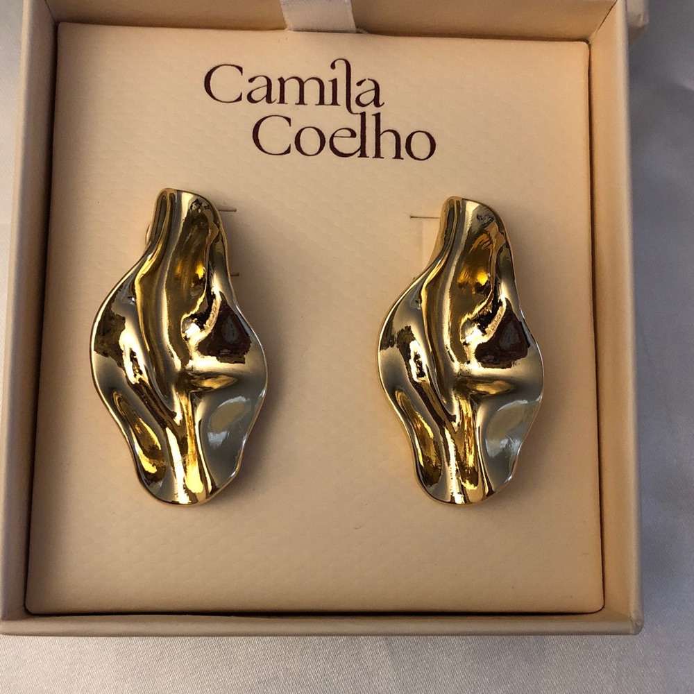 Camila Coelho Polished Gold Tone Molten Abstract Wavy Teardrop Drop Earrings NIB